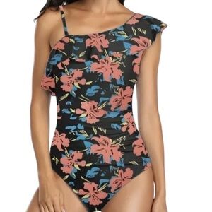 Summer Mae Womens Sz Large One Shoulder Ruffle Swimsuit Tummy Control One-Piece